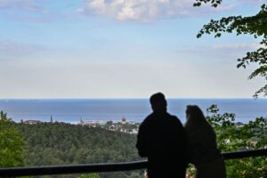 dwie osoby stoją tyłem i oglądają widok na las i morze