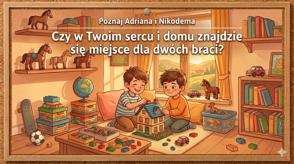 Grafika przedstawia dwóch chłopców, którzy w pokoju budują domek z klocków
