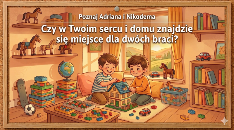 Grafika przedstawia dwóch chłopców, którzy w pokoju budują domek z klocków